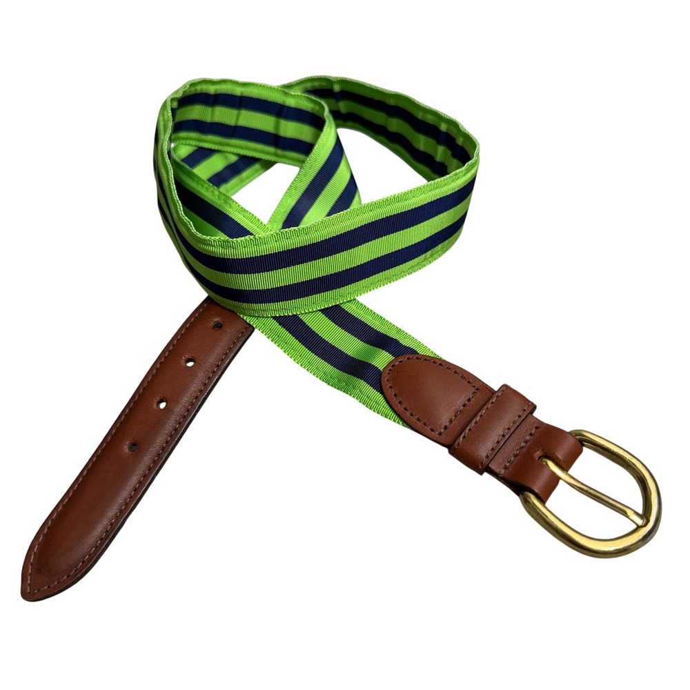 Barrons-Hunter Belt Mens Size 38 Green Blue Striped Ribbon Leather Brass Buckle
